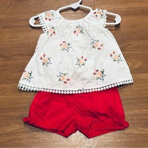 Janie and Jack patriotic floral peek a boo top red bow shorts 3/6mo